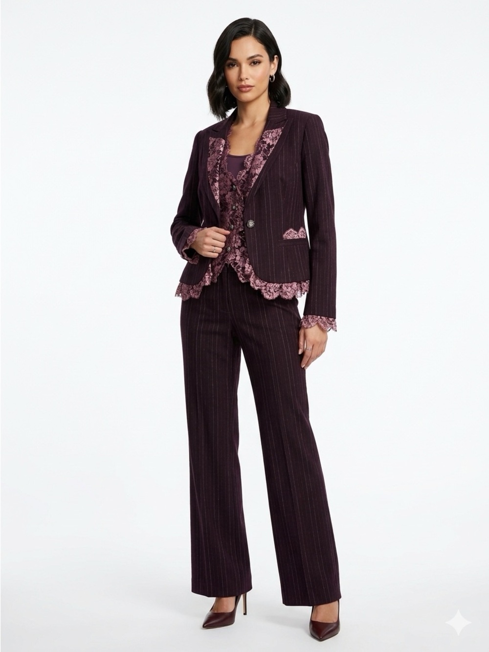 Alberto Makali vintage Plum Pinstripe Blazer, vest & Pants with Rose-Lace Trim